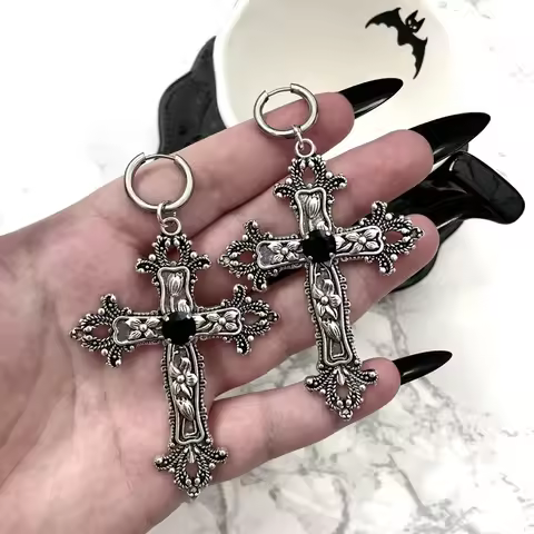 Gothic Large Silver Colour Tone Jewel Cross Earrings with Black Punk Hallowmas Jewellery Gorgeous We