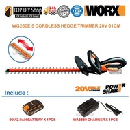 WORX WG260E.5 CORDLESS HEDGE TRIMMER 20V 61CM C/W 1x 20V 2.0AH BATTERY + WA3880 CHARGER