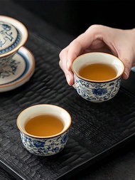 6pcs/4pcs/2pcs/1pc Ceramic Tea Cups, Vintage Entwined Branch Blue & White Porcelain Espresso Cup, 60