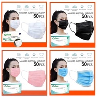 Masker Orlee Cantol Warna Biru, Putih, Hitam, Abu 3Ply Earloop Tali kuping Masker Medis Kemenkes 1 Box isi 50 Pcs L2N1