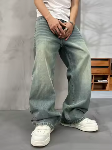 1Pc Men's Wide Pants Brushed Jeans Wide Jeans Y2K New Rocks Jeans Buggy Black Hip-Hop Pants