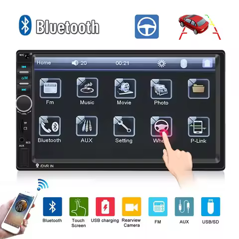 7" Double 2 DIN Car MP5 Player B-T Touch Screen Stereo Radio With 4led Camera