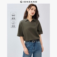 GIORDANO ผู้หญิง เสื้อโปโลปักลายแพนด้า เสื้อโปโลผ้าฝ้าย คอวี ปกคอ แขนสั้น แฟชั่นลำลอง เสื้อโปโล 0531
