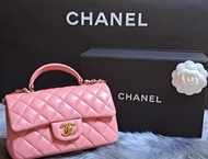 全新Chanel Classic Mini Flap with Handle PINK 粉紅羊皮金扣 (歐洲購入100% Real+New)