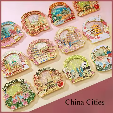 China Travel Souvenirs Beijing Shanghai Metal Fridge Magnets Chongqing Xi'an Gunngzhou Wuhan Sand Dr