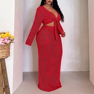 Plus Size Women Floral Lace Trim Long Sleeve Tie Front Cropped Cardigan And Knitted Midi Skirt Set R