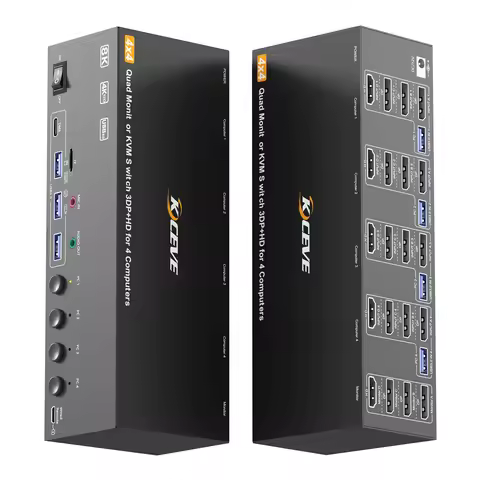 HDMI+DisplayPort KVM Switch 4/3/2 Monitors 4 Computers 8K@60Hz/4K@144Hz,KCEVE USB3.0 Switch for 4/3/