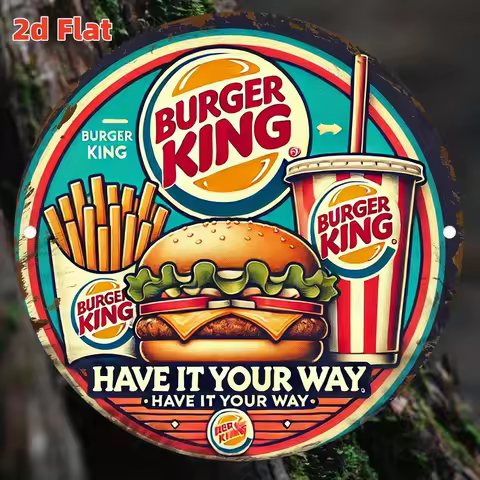 2D Flat, 2D Flat Round Vintage Burger King Metal Tin Sign - Retro Wall Decor with Iconic Burger, Fri