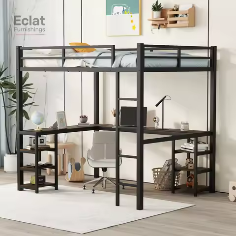 Full Metal Loft Bed with Desk and Shelves, Loft Bed with Ladder and Guardrails, Loft Bed Frame for B