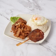 [Happy Thai Food] Fried Garlic Pork with rice and fried egg + 1 Moo Ping [Redeem In Store]