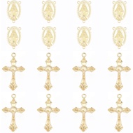 Beebeecraft  40PCS Golden Tibetan Style Rosary Cross and Center Miraculous Medal with Alloy Crucifix Cross Pendants and Oval Chandelier Links for Rosary Holy Beads Necklace Making