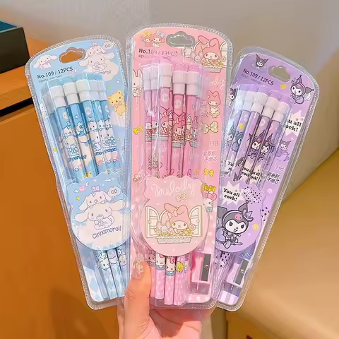 Cute Kuromi HB Pencil 12 Pencil and 1 Pencil Roller Stationery Box Set, Student Writing and Drawing 