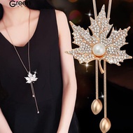 Fashion Rhinestone Maple Leaf Pearl Long Necklace Women Sweater Chain