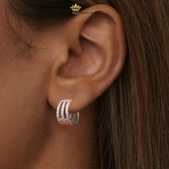 Women's S925 Silver Earrings Round Ring with Sparkling Stone Three Rings Diameter 11mm - Amooi Silve