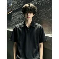 STA GTAL Summer Men's Deconstruction Wide Shoulder POLO Shirt Lapel boxy Loose Henry Shirt Short Sle