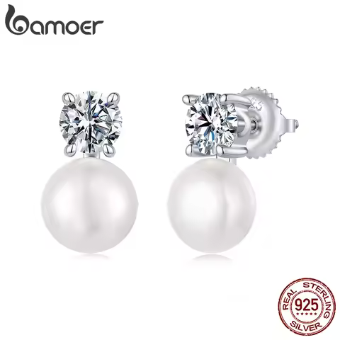 BAMOER Moissanite 925 Sterling Silver Freshwater Pearl Stud Earrings VVS1 Lab Created Diamond Weddin