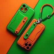 iPhone 14 Pro Max手機殼 真皮手機套 牛皮保護殼支架掛繩 手腕帶