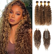 ALHER Water Wave Highlight Bundles with 2x6 Closure 20 22 24+18, 12A P427 Honey Blonde Ombre Brown C