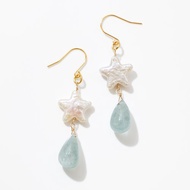 灰姑娘海藍寶石與星星珍珠耳環 搖曳水滴切割 日本手工飾品