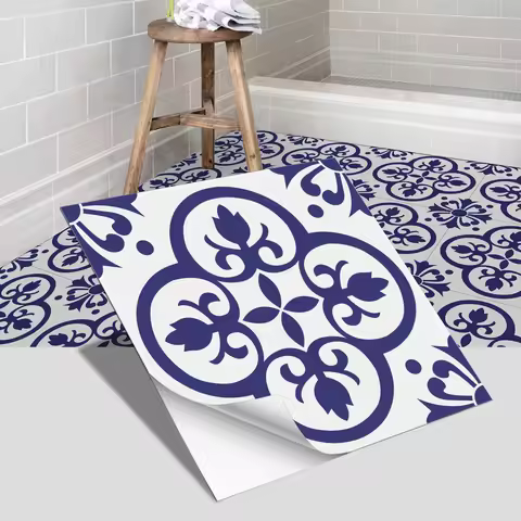 Blue Art Tile Floor Sticker Waterproof and Non slip Bathroom Bedroom Home Decoration Removable Self 