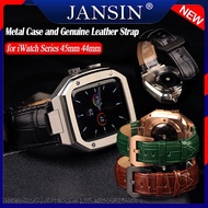 Vỏ kim loại sang trọng cho Apple Watch Series 9 8 7 45mm Bộ sửa đổi dây đeo bằng da chính hãng Vỏ ch