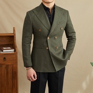 Mr. Lusan Linen Light Half Lining Double Breasted Silm Suit Breathable Easiest for Match Closure Col