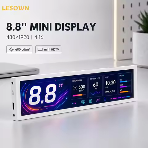 LESOWN Matte White 8.8in Zero Setup External Monitor Desktop Mini Display 1920x480 HDTV 60Hz