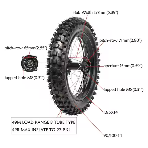14 Inch Rear Wheel Rim,15mm Diameter of The Axle Hole,90/100-14 Rear Tire,for Dirt Bike/Pit Bike/Mon