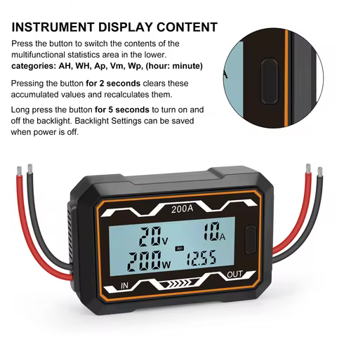 100/150/200A Battery Tester Watt Meter Power Analyzer Digital DC 0-60V Amp Volt Watt Meter Backlight