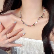 Sweetheart Candy Colorful Crystal Zircon Necklace Light Luxury High-End Feeling Love Rainbow Clavicle Chain Female ins Niche Trendy Girl Necklace iu Cute Jewelry Wear Matching Accessories Gift Jewelry