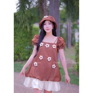 A054(Size L) New Nannapat Label Brown Dress With Hat 3D Flower Decoration