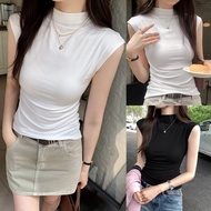 ✅【READY STOCK】Bella Sexy Half Turtleneck Solid Color T-shirt For Women Summer Slim Fit Style Sleevel