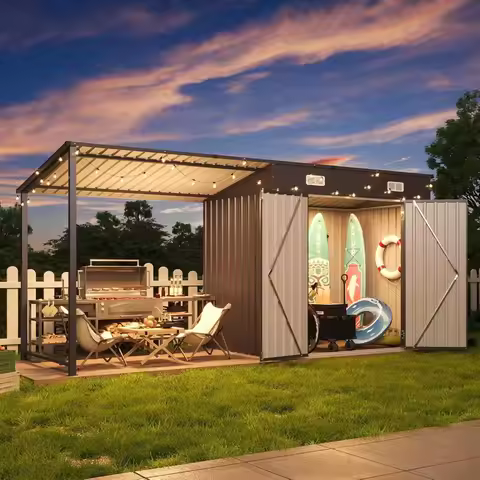 6x4FT Outdoor Storage Shed and Hardtop Gazebo Combo 12x4FT Metal Lean-to Garden Shed with Open Pergo