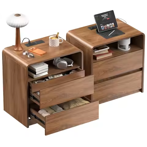 Modern Nightstand Set of 2 23.8" Walnut Nightstands with Hidden Drawers Wood Modern Bedside Table Cu