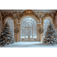 【A SHACK】 Laeacco Christmas Golden Window Photography Background Snow Winter Xmas Tree Elk Child Adu