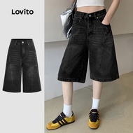 Lovito Casual Plain Pocket Button Denim Short for Women L132ED359