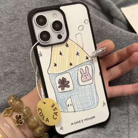 Cute Hand-Painted Rabbit Bear House Korean ins Kawaii Creative Phone Case For iPhone 16 15 14 13 12 