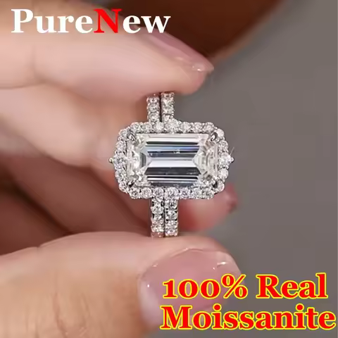 Sparking 4ct Emerald Cut Women's Wedding Moissanite Diamond Ring Set 925 Silver Plate 18k D Color Fu