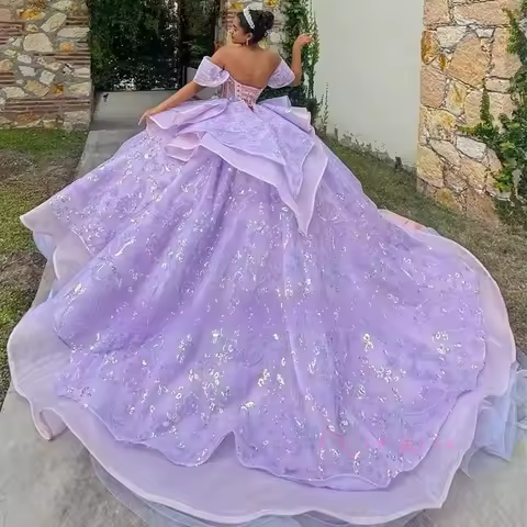 Sophie Store Glitter Lilac Quinceanera Dress Off Shoulder Appliques Beading Sweet 16 Party Gown Vest