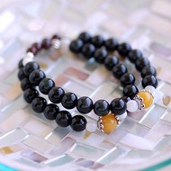 黑曜石*紅石榴*黃玉雙圈純銀手鍊