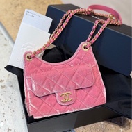 Chanel 香奈兒 hobo 天貓精靈23B 金扣 絲絨粉色腋下斜挎包 芯片款