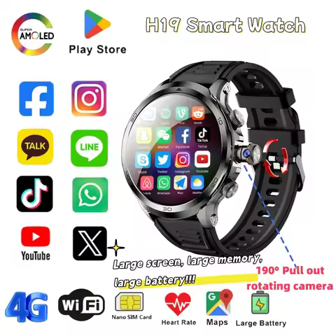 2025 Smart Watch H19 4G SIM Card 1.95''AMOLED Global Call Google Play Download APP 190° Pull Out Cam