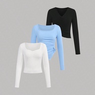 Teen Girls' Buy 1 Get 2 Free 3pcs/Set Casual Ruched Long Sleeve T-Shirt Tops Tee Set