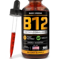 BASIC GREENS Vitamin B12 Sublingual Liquid Drops 5000 mcg – 2 fl oz Vegan Methyl B-12 Supplement for