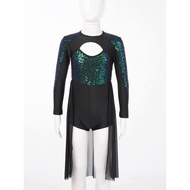 Children Girls Long Sleeve Shiny Sequins Ballet Dance Unitard Dress Gymnastics Leotard Dancewear Kids Lyrical Dance Costume