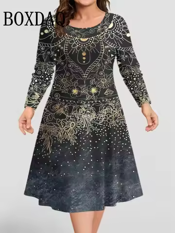 Vintage Flowers Pattern 3D Print Dress Autumn Winter Long Sleeve Fashion Plus Size Loose Dress Casua