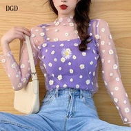 Women's Apparel Tops Korean Style Mesh Top Daisy Under Shirt 2021 New Harajuku Aesthetic Cute Lace Flower T shirt Long
