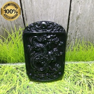 Liontin Batu Giok Asli Black Jade Tembus Senter Ukir Naga Asli