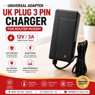 Universal Adapter UK Plug 3 Pin Charger for Router Modem 12V/3A