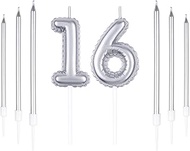 Silver 16th Birthday Candle, Silver Number 16 Candles for Cakes, Silver Thin Party Candles, Happy Bi